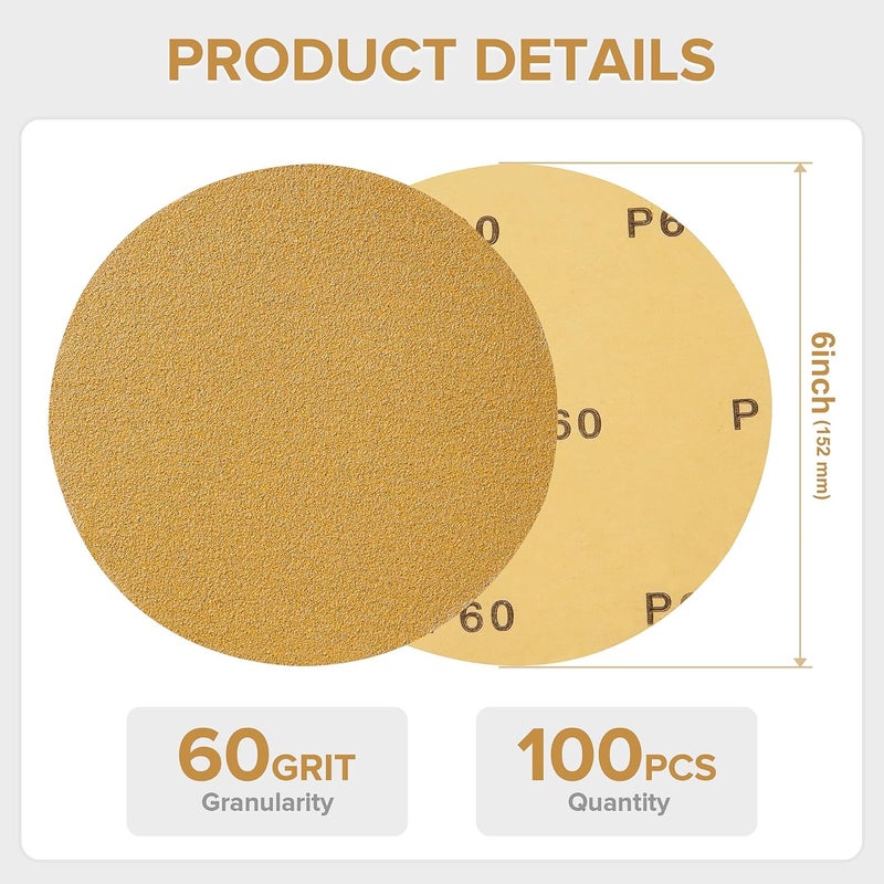 Shawya 100 PCS 6 Inch Gold PSA Sanding Discs 60 Grit Self Adhesive Sticky-Back Sandpaper for DA Sander Automotive Car Paint Woodworking Wood Metal Finishing - Image 3